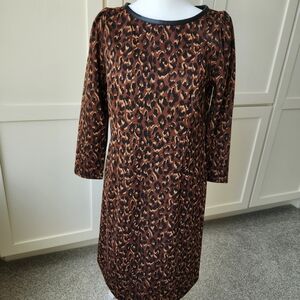 Talbots Leopard Print Knit Dress Fall Faux Leather Sexy Career Mob Wife Size 2